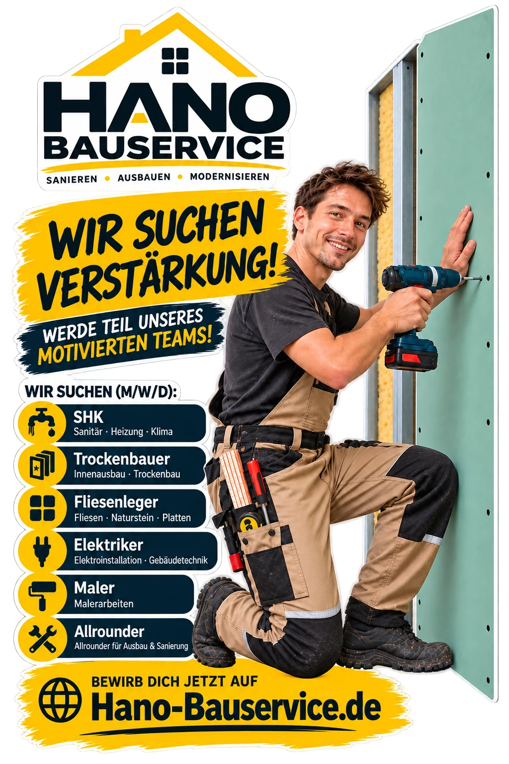 Wir suchen Verstärkung! SHK, Trockenbauer, Fliesenleger, Elektriker, Maler und Allrounder (m/w/d) – jetzt bewerben